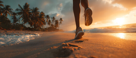 Runner's legs jogging on a tropical beach at sunrise for fitness motivation