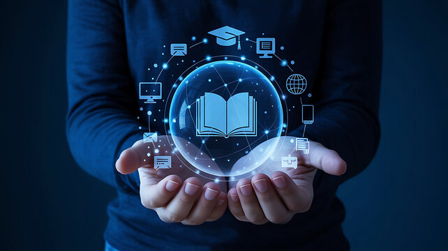 Modern online education concept showing book graduation cap and various communication icons on hands