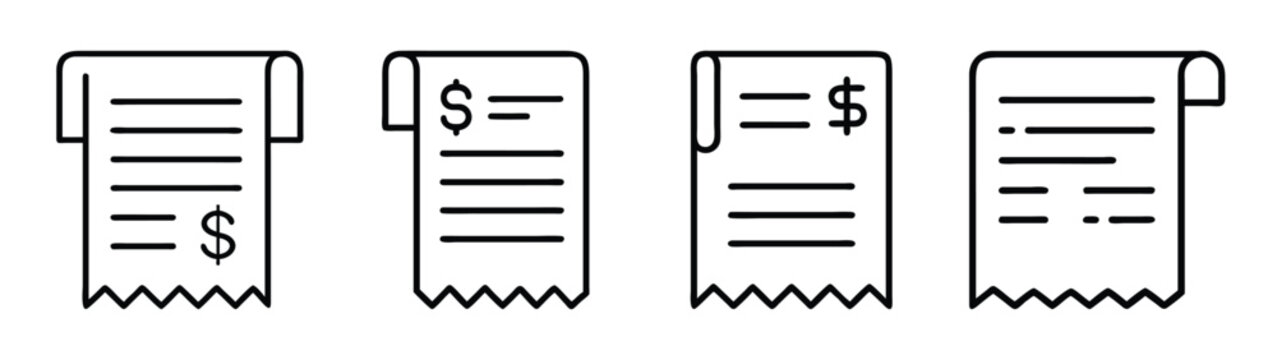 Receipt paper roll vector icon set, financial document, bill, invoice, sales receipt, total 