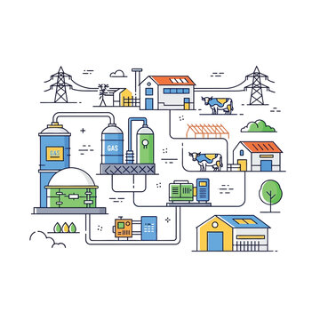 Sustainable Energy Icon Collection depicting a modern biogas production system from farm to grid, showcasing renewable resources and green technology for environmental sustainability