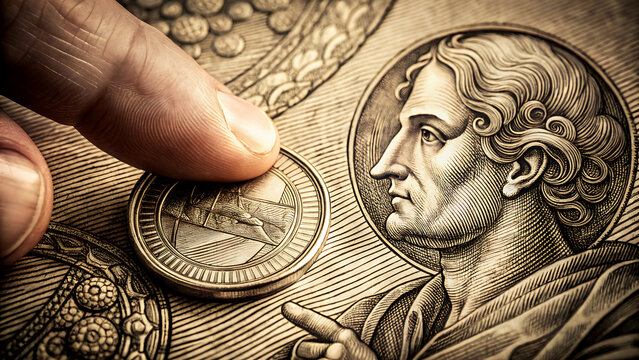 Close-up of a hand placing a coin on a surface with an antique portrait suggesting investment finance and historical value