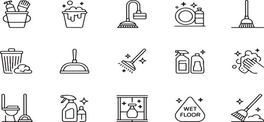 Professional Cleaning & Housekeeping Outline Icons: Supplies, Tools, and Hygiene Service Vectors
