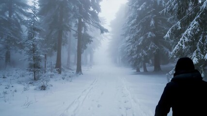 Snowy forest path leading into dense fog winter wonderland serene nature scene mist - Powered by Adobe