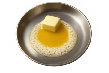 Appam with a melting block of butter on top of ghee, traditional south indian breakfast food dish on metal plate, transparent background