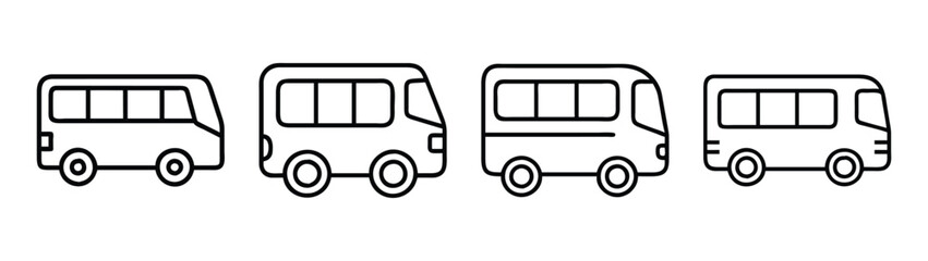 Outline drawing of multiple black and white buses for transportation and vehicle design projects
