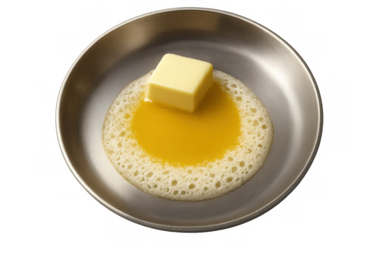 Appam with a melting block of butter on top of ghee, traditional south indian breakfast food dish on metal plate, transparent background