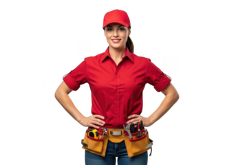 A smiling woman wearing a red shirt blue jeans and a tool belt with various instruments isolated on transparent background