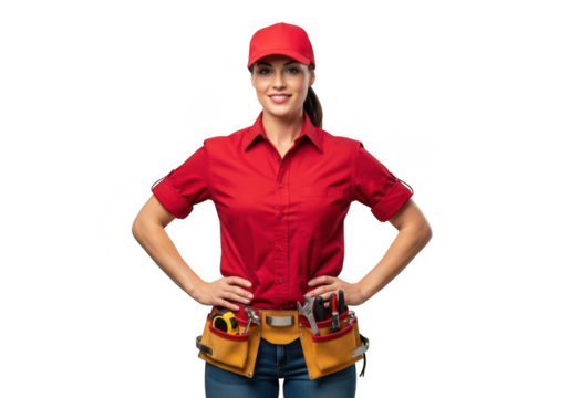 A smiling woman wearing a red shirt blue jeans and a tool belt with various instruments isolated on transparent background