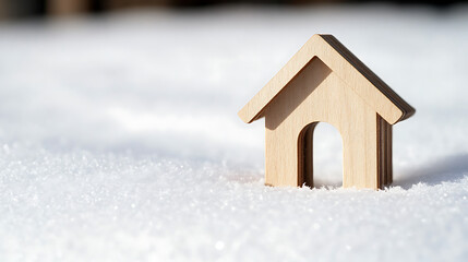 Tiny wooden house nestled in snow, symbolizing home in winter. Simple design, pristine white backdrop. A cute, minimalist scene evoking warmth amid the cold.