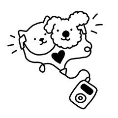 Cat and dog sharing headphones to listen to music together