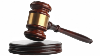 Wooden judge gavel and sound block symbol of law and justice isolated on white background