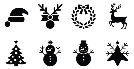  Set of eight black Christmas silhouette icons including Santa hat, reindeer, snowman, tree, and wreath symbols