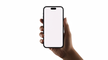 Hand holding a modern smartphone with a blank white screen isolated on a white background for app design and product mockups