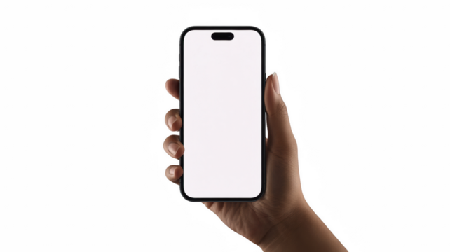 Hand holding a modern smartphone with a blank white screen isolated on a white background for app design and product mockups