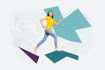 Collage of cheerful young man woman energetically among bright geometric shapes symbolizing carefree joy fun