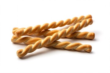 Delicious twisted breadsticks fresh baked on white background food photography