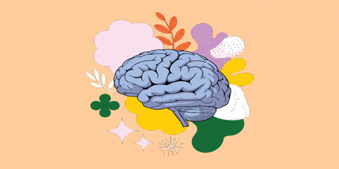 Whimsical Human Brain Vector Art with Abstract Flowers and Clouds: Creative Illustration for Mental Health Awareness, Psychology, Mindfulness, and Personal Growth Concepts