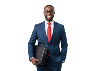 Professional african american man wearing a blue suit and red tie holding a briefcase isolated on transparent background
