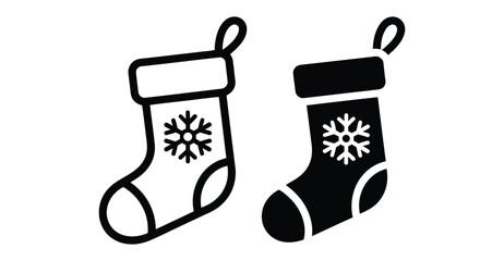  Minimalist Christmas stockings with snowflake design in black and white, festive holiday decoration icon with hanging loops