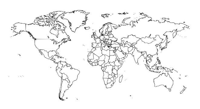 Vector of a simplified world map showing individual countries outlined with clean, didactic lines; minimalistic borders, no colors, high-contrast educational style, isolated on white background