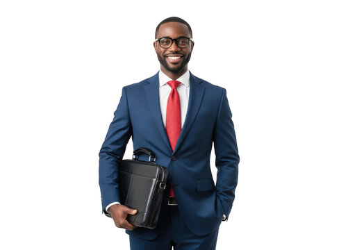Professional african american man wearing a blue suit and red tie holding a briefcase isolated on transparent background