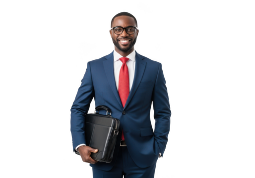 Professional african american man wearing a blue suit and red tie holding a briefcase isolated on transparent background