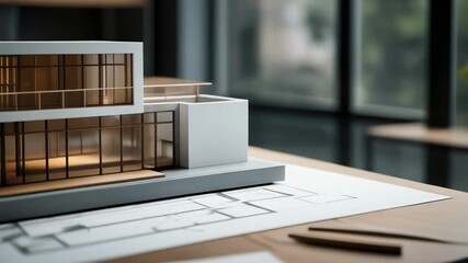 Contemporary Architectural Model Displayed on Desk with Blueprints for Modern Home Design