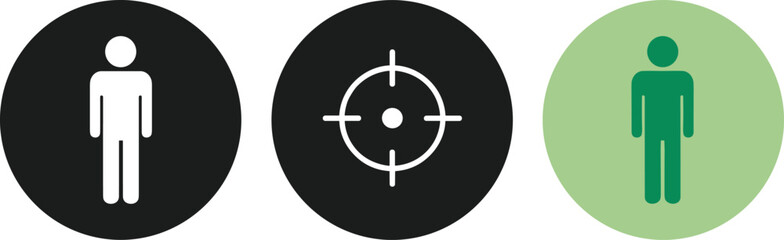Set of vector circular icons illustrating human target concept with person silhouette and crosshair sight for headhunting or customer segmentation.