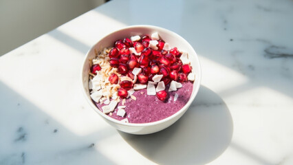Delicious smoothie bowl with pomegranate, coconut flakes, and healthy ingredients