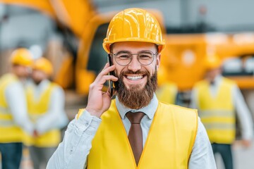 Smiling worker in a hardhat talking on the phone at construction site