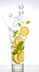 Lemonade splash with ice cubes and mint leaves in glass on white background fresh