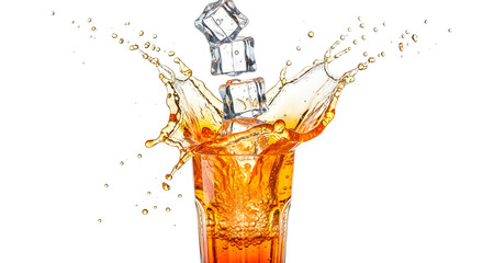 Refreshing orange juice splash with ice cubes in transparent faceted drinking glass