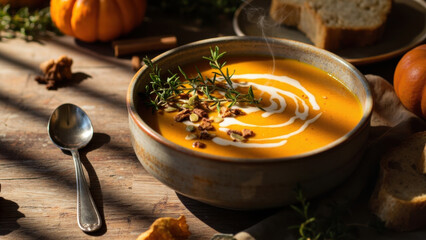 Delicious pumpkin soup with cream swirl, herbs, and bread on a wooden table