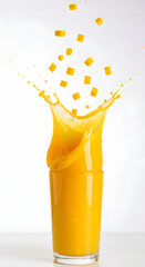 Mango juice splash with mango pieces in glass on white background tropical fruit