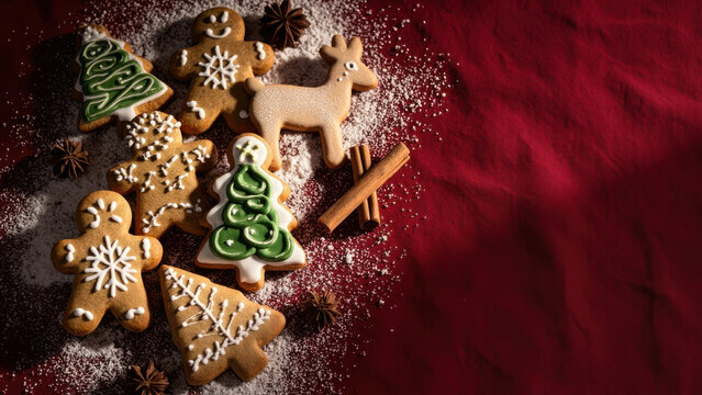 Festive gingerbread cookies with icing and spices on a red background - Powered by Adobe