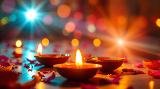Happy Diwali - Clay Diya lamps lit during Dipavali, Hindu festival of lights celebration.