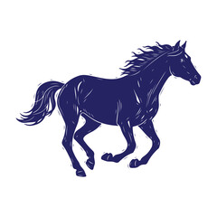 Vibrant indigo horse gallops with power, an illustrative woodcut design for speed