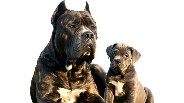 Adult brindle cane corso dog and puppy on a clean white backdrop.