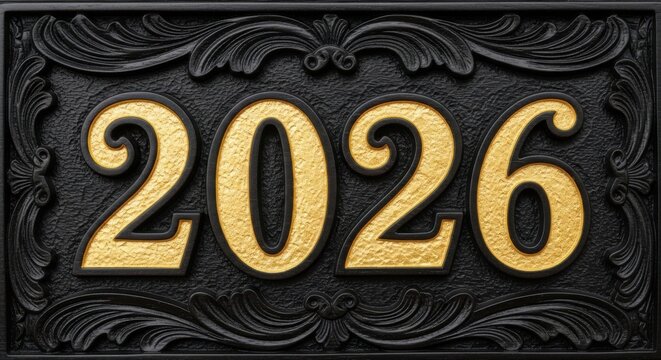 Ornate Golden Year Number Twenty Twenty Six Decorative Emblem - Powered by Adobe