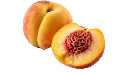 Fresh ripe peach cut in half to show the pit isolated on a white background