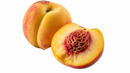 Fresh ripe peach cut in half to show the pit isolated on a white background