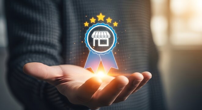 Hand holding glowing award badge with store icon and stars symbolizing business success
