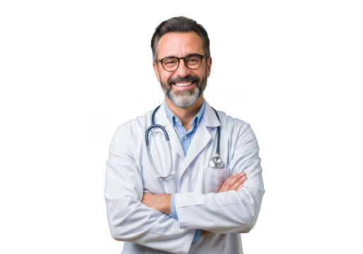 Smiling caucasian male doctor wearing glasses and stethoscope with arms crossed isolated on transparent background