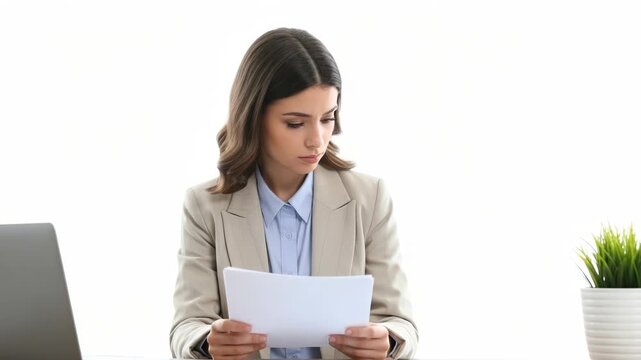 Businesswoman in a beige suit reviews documents at her desk isolated on white background