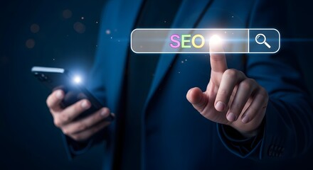 Person uses smartphone to search for seo on a digital interface