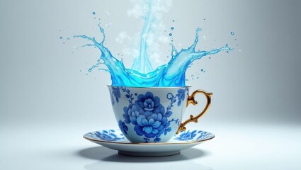Blue water splashing out of a decorative porcelain teacup and saucer