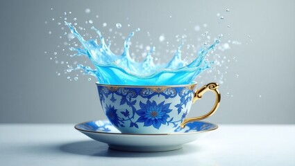 Blue floral teacup with water splash