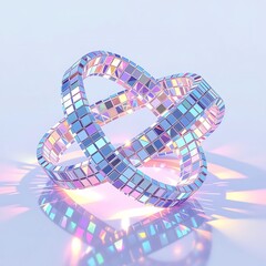 Neon glowing autism ribbon built from tiny mirror-tile puzzle pieces, bright reflections