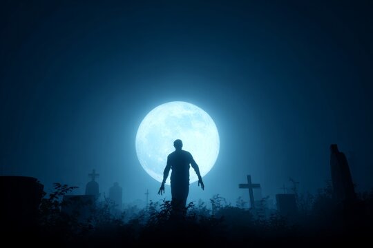 Eerie encounter: zombie awakens in moonlit cemetery. Editorial style. Zombie rising out of a graveyard on a spooky full moon night. Creative poster. High contrast.