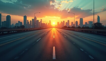 Obraz premium Empty city highway at sunset. Tall buildings form a skyline against warm orange and yellow sky. Sun rays break through clouds over asphalt road leading towards downtown.